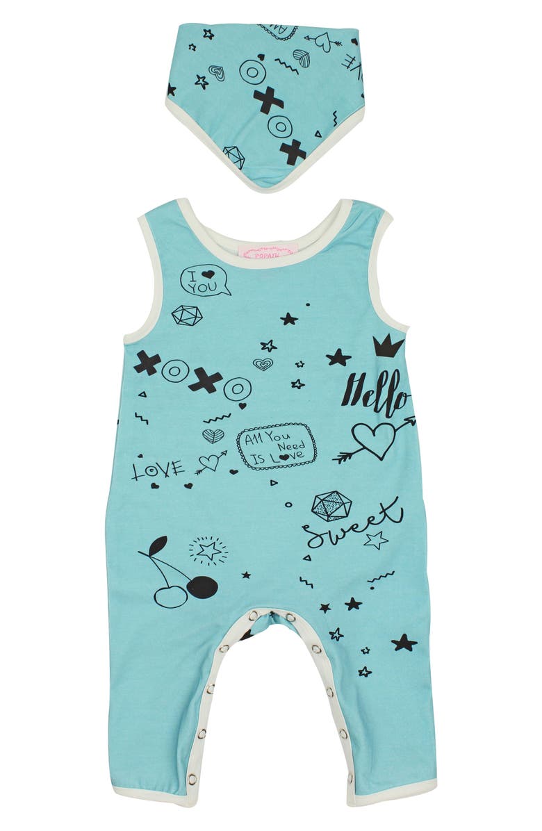 Popatu XOXO Doodle Romper & Bandana Bib Set, Main, color, 