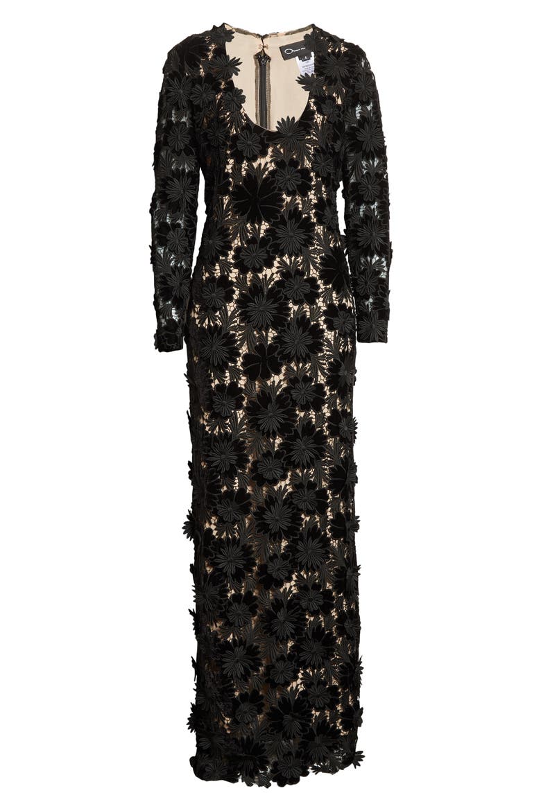 Plunge Neck Velvet Guipure Lace Gown, Alternate, color, BLACK