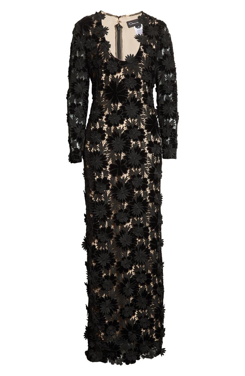 Oscar de la Renta Plunge Neck Velvet Guipure Lace Gown, Alternate, color, 
