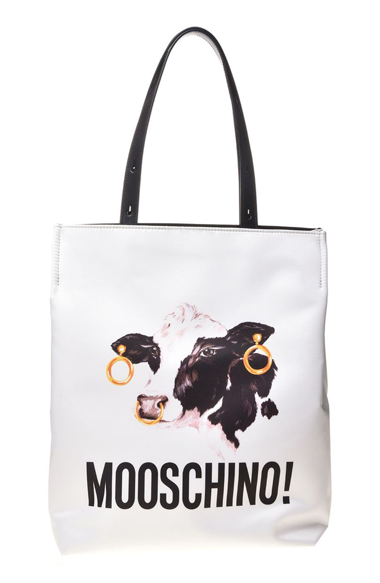Moschino Cow Print Faux Leather Tote, Main, color, 