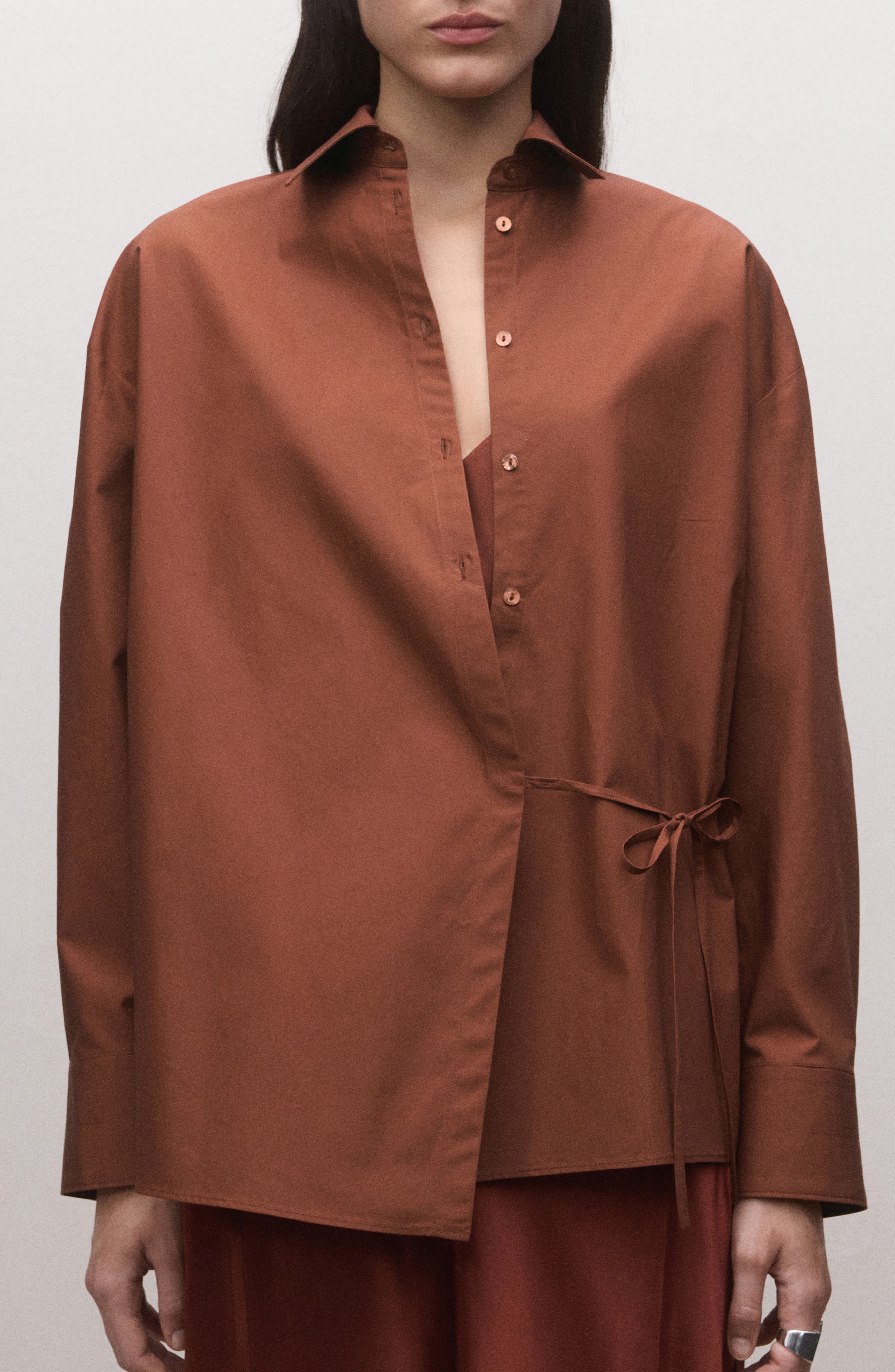 Oversize Faux Wrap Cotton Button-Up Shirt