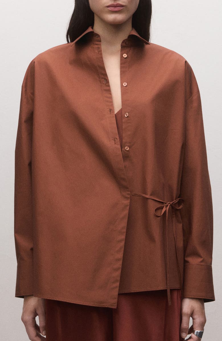 MANGO Oversize Faux Wrap Cotton Button-Up Shirt, Main, color, 