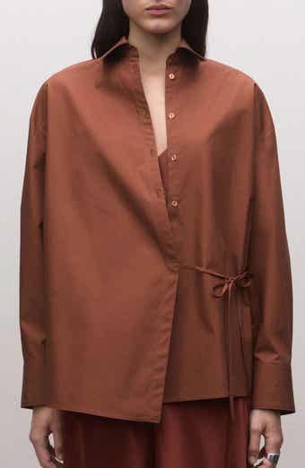 Oversize Faux Wrap Cotton Button-Up Shirt