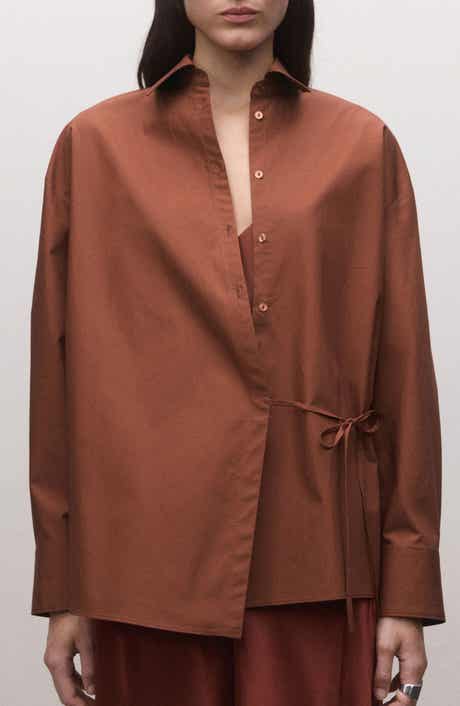 Oversize Faux Wrap Cotton Button-Up Shirt