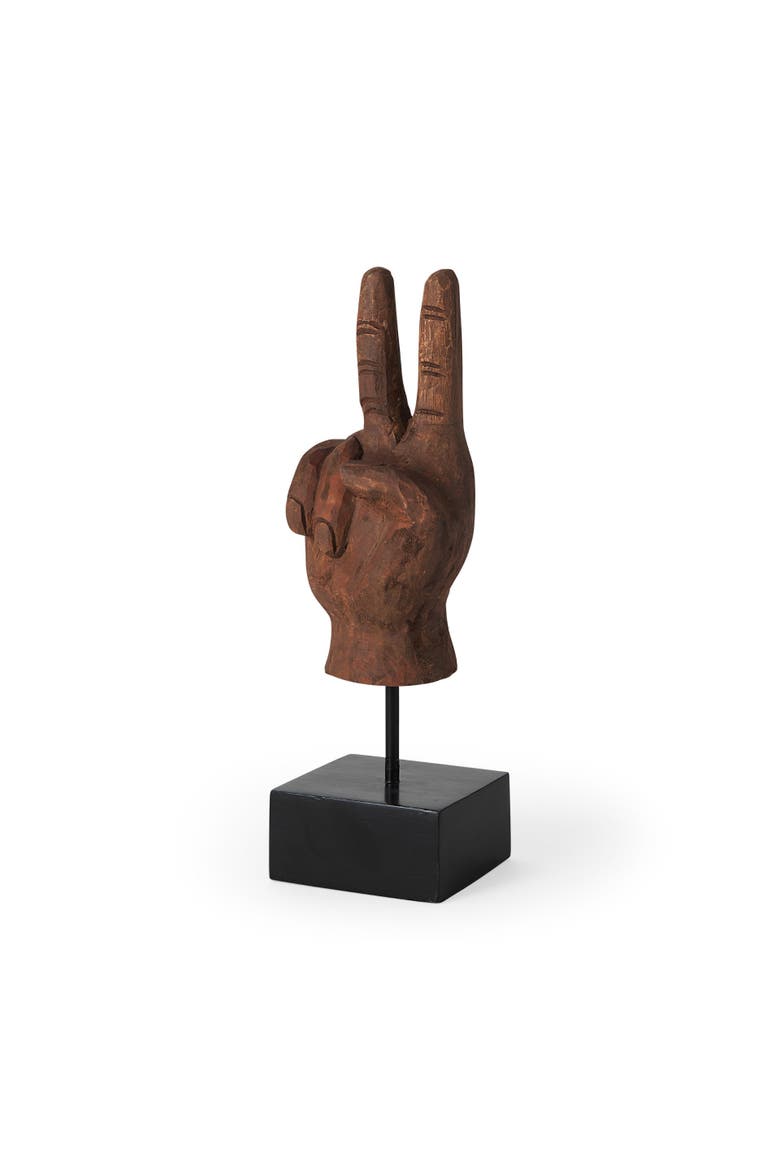 Pacem 4L x 4W Natural Wooden Carved Peace Sign Hand, Main, color, Brown