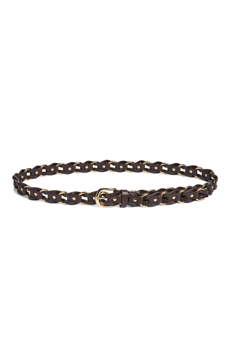 Metal Ring Woven Belt in Leather, Main, color, COFFEE BEAN