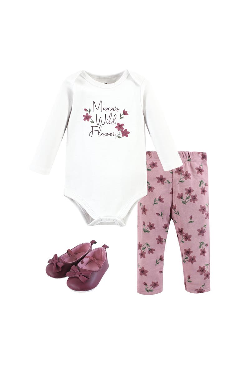 Girl's Long-Sleeve Bodysuit, Pants, and Footwear Outfit, Main, color, Plum Wildflower