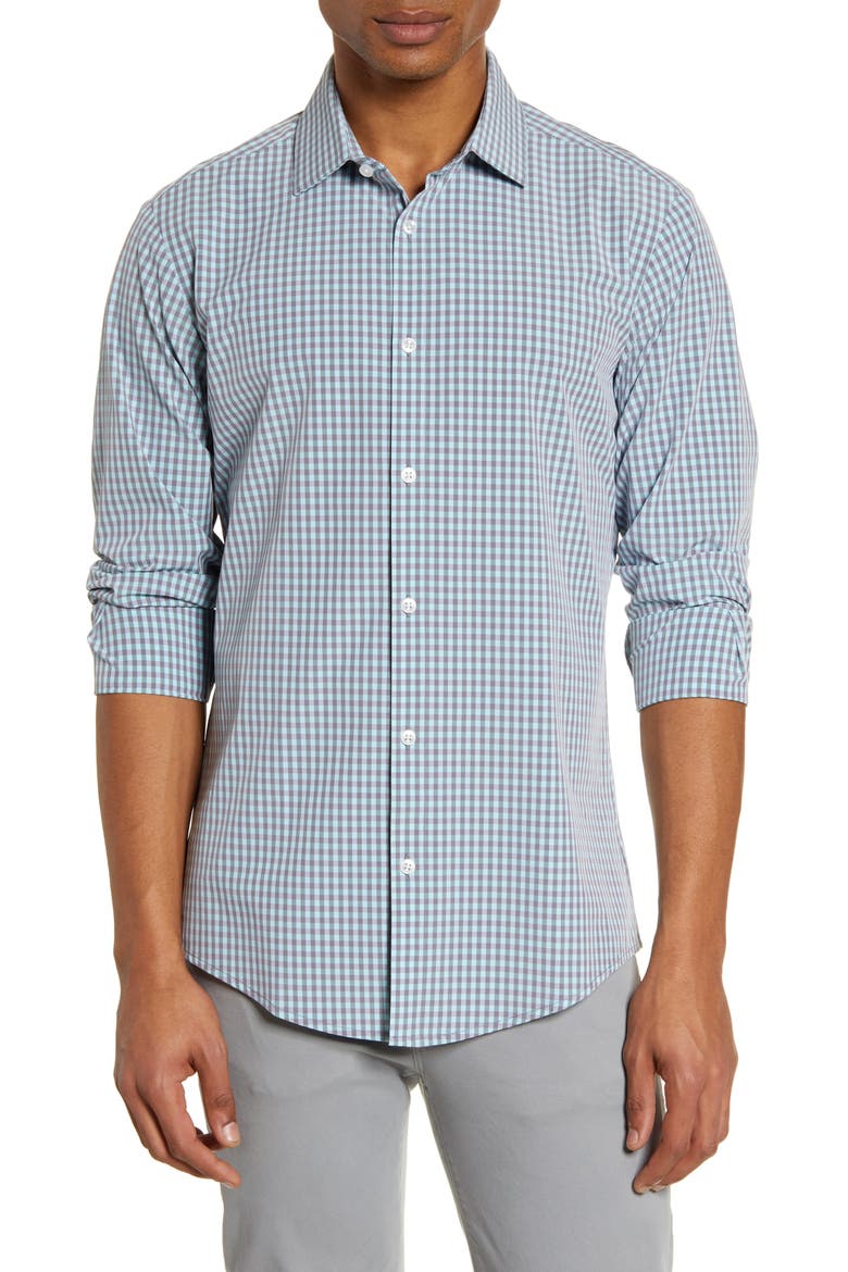 Leeward Trim Fit Gingham Button-Up Shirt, Main, color, BLUE