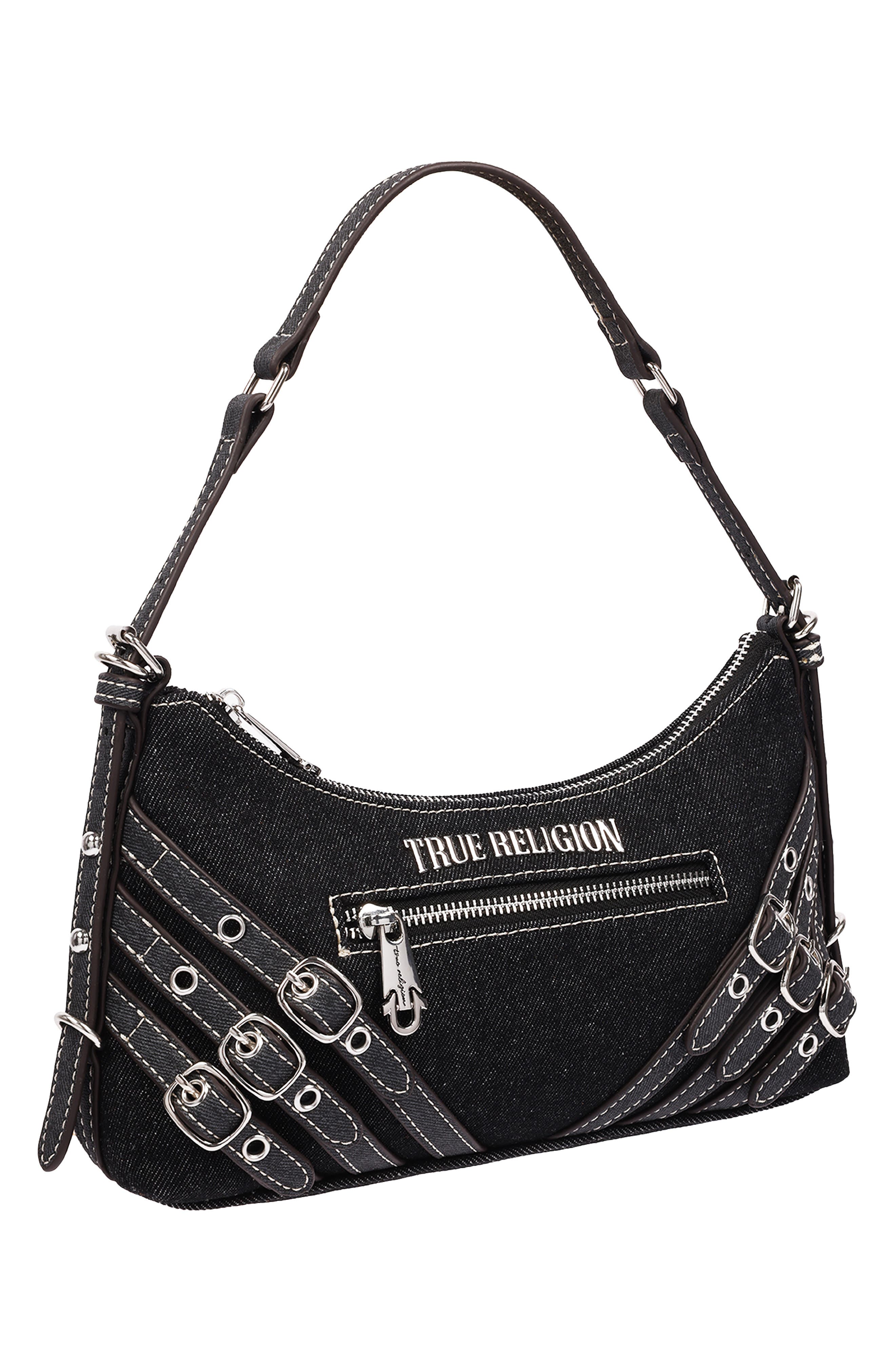 Triple Straps Denim Shoulder Bag, Alternate, color, BLACK