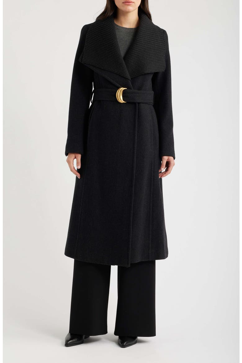 Ribbed Collar Belted Coat, Main, color, BLACK