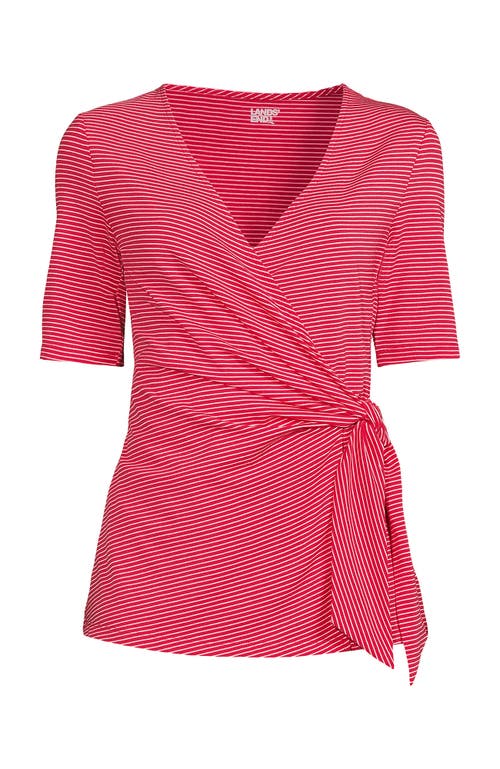 Lands' End Elbow Sleeve Lightweight Jersey Side Tie Blouse In Berry Rouge Tiny Stripe
