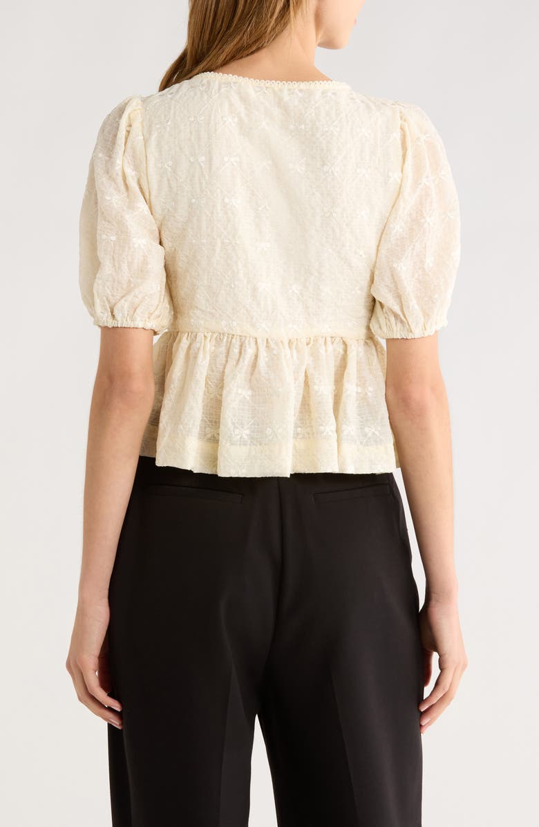 All in Favor Tie Front Puff Sleeve Peplum Top, Alternate, color, Cream Black