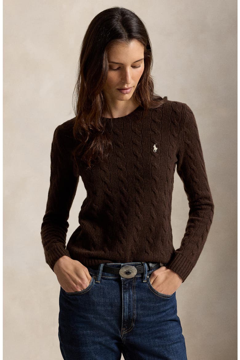 Crewneck Cable Wool & Cashmere Sweater, Alternate, color, BROWN