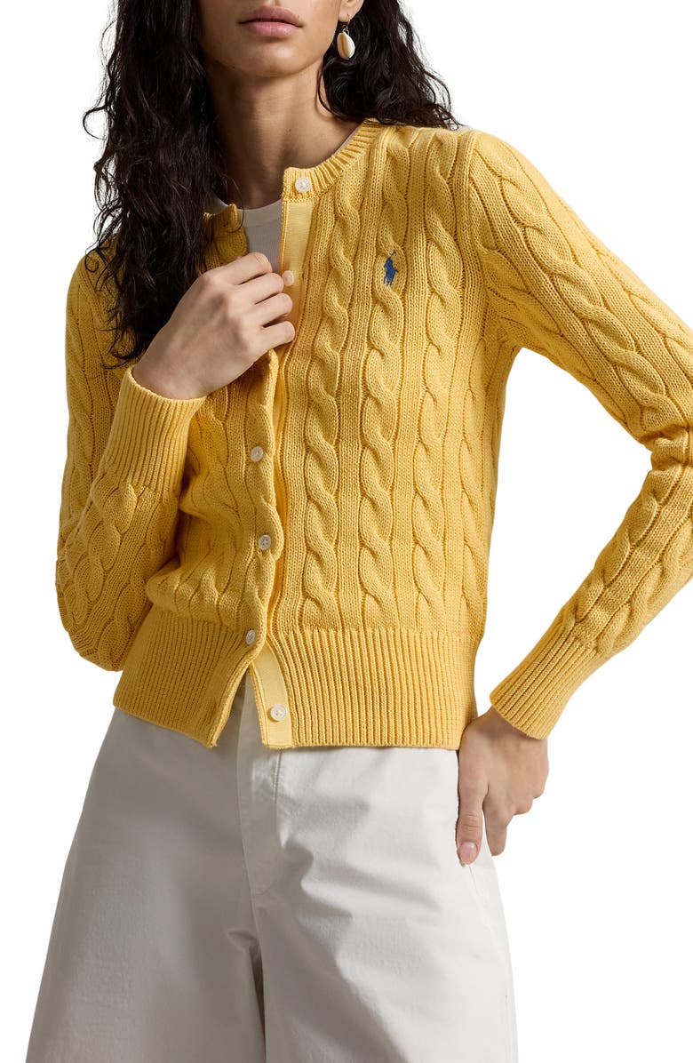 Polo Ralph Lauren Cable Knit Cotton Crewneck Cardigan, Main, color, Beach Yellow