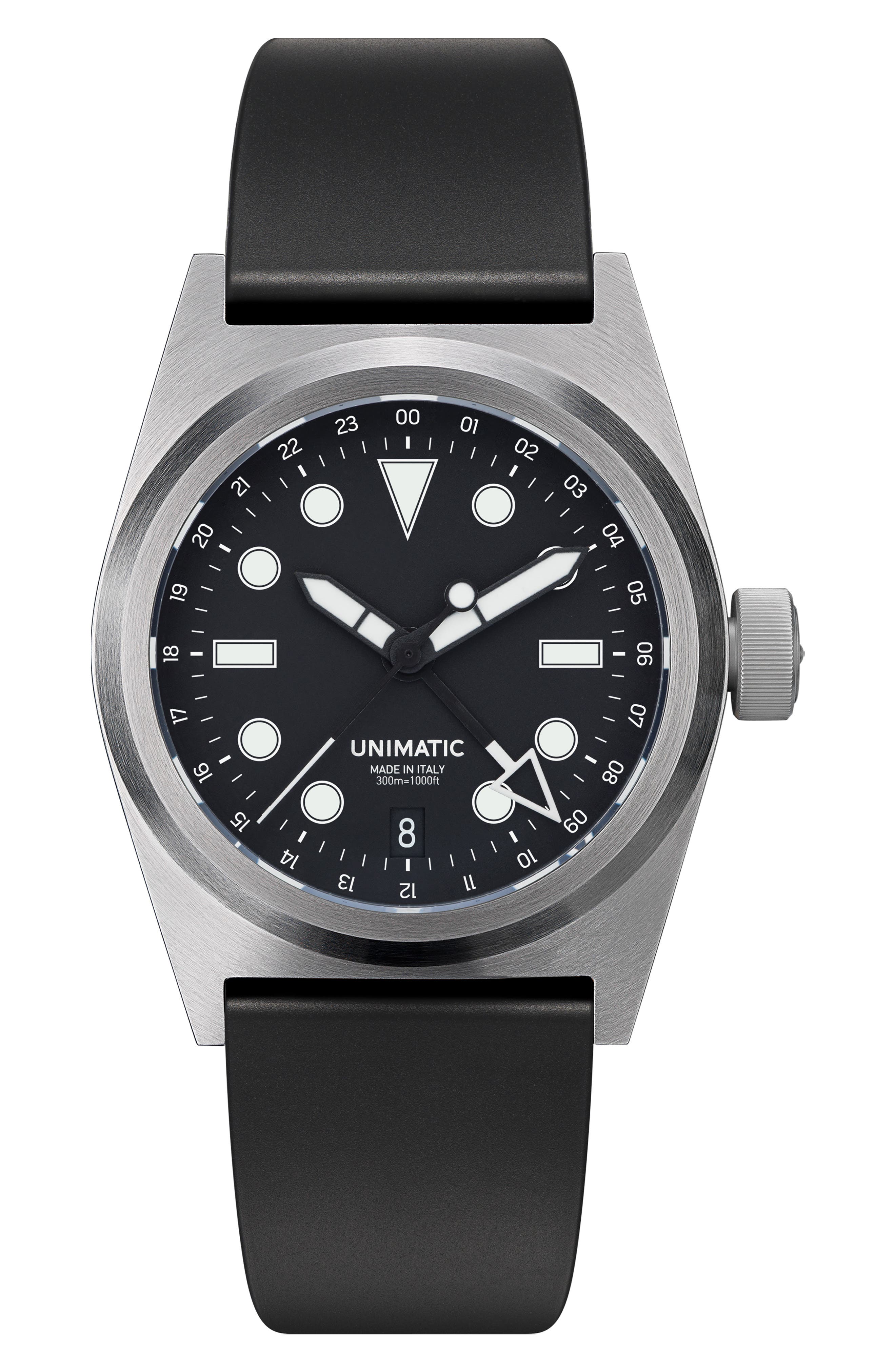 Unimatic Modello Due U2-gmt Rubber Strap Field Watch, 41.5mm In Black