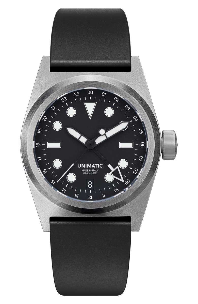 UNIMATIC Modello Due U2-GMT Rubber Strap Field Watch, 41.5mm, Main, color, Black