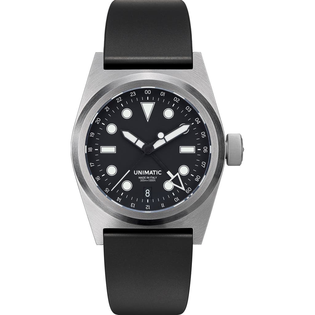 Unimatic Modello Due U2-gmt Rubber Strap Field Watch, 41.5mm In Black