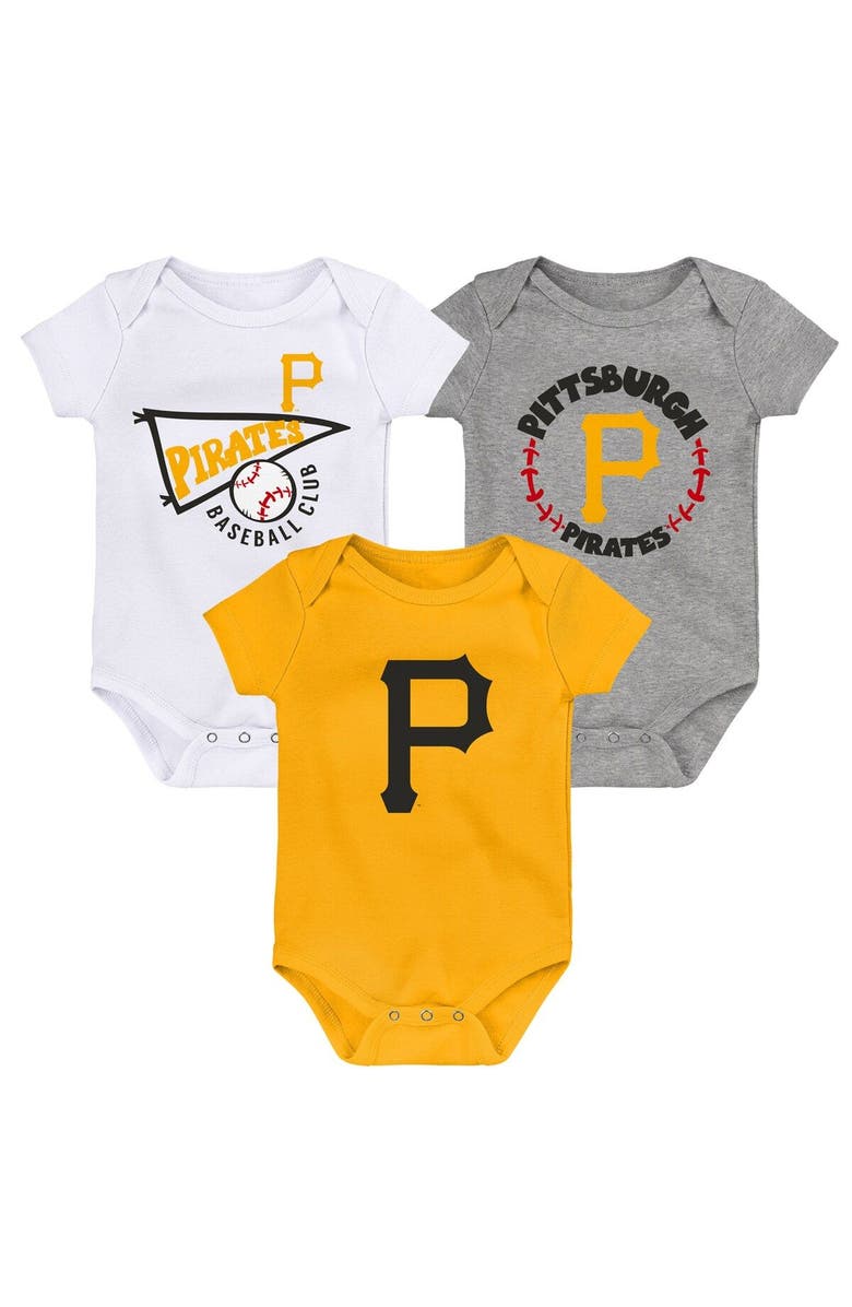 Outerstuff Newborn & Infant Gold/White/Heather Gray Pittsburgh Pirates Biggest Little Fan 3-Pack Bodysuit Set, Main, color, Gold