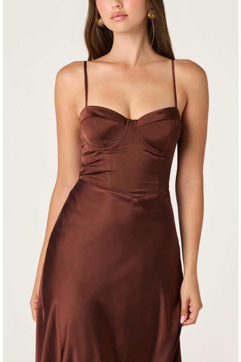 Abrianna Lace Trim Satin Midi Dress, Alternate, color, BROWN
