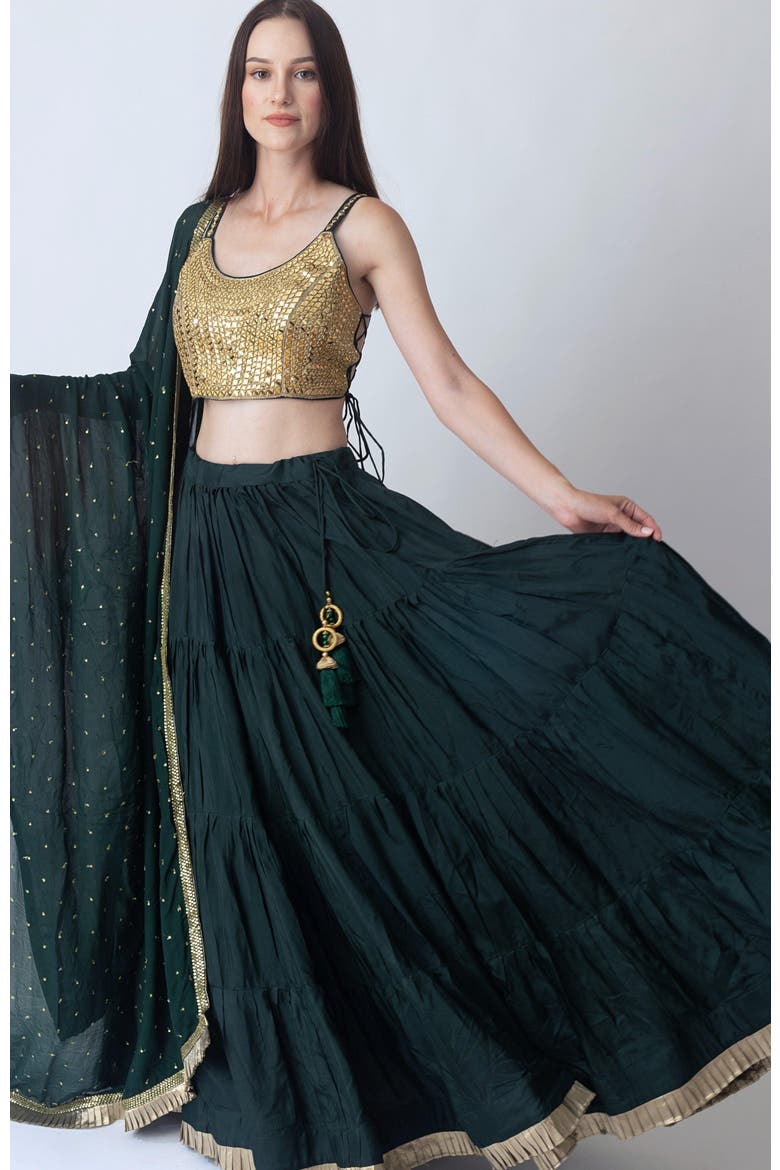 Camila Mirror Embroidered Tiered Lehenga Choli, Main, color, Green & Gold