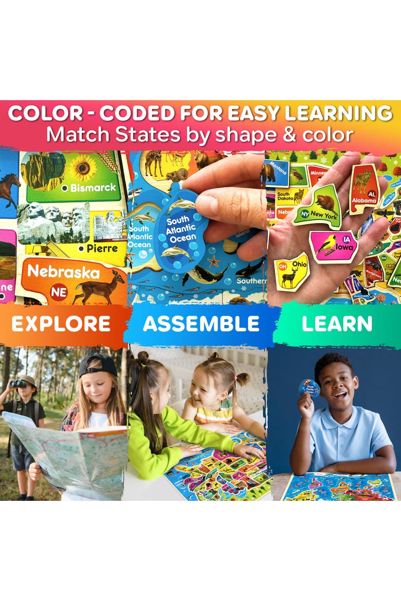 Kids Educational Map Puzzle Set - USA, World Map & Solar System Themes, Alternate, color, USA Wooden Map