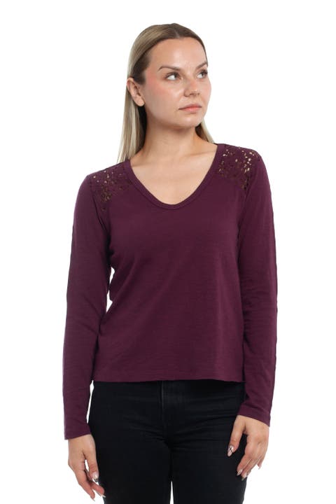 V-Neck Long Sleeve Mixed Media Tee with Lace Inset