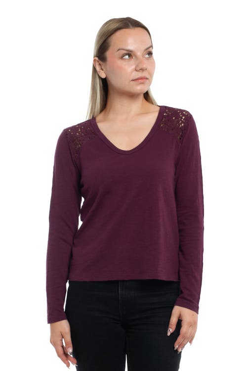 Wilt Clothing V-neck Long Sleeve Mixed Media Tee With Lace Inset In Purple