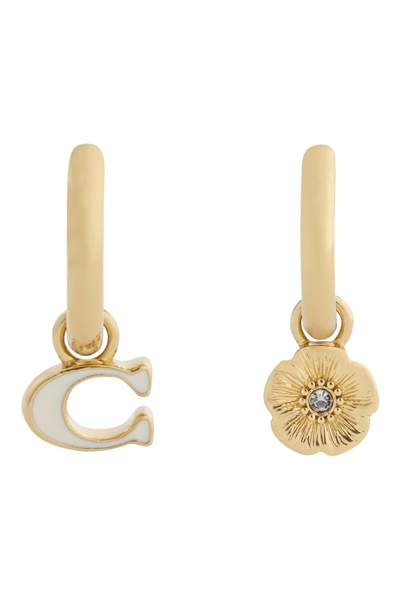Tea Rose & Sculpted C Mismatch Hoop Earrings, Main, color, WHITE/ GOLD