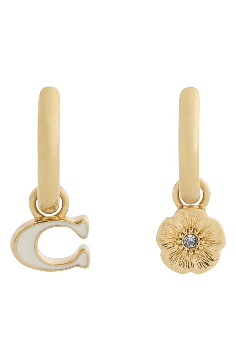 COACH Tea Rose & Sculpted C Mismatch Hoop Earrings, Main, color, White/ Gold