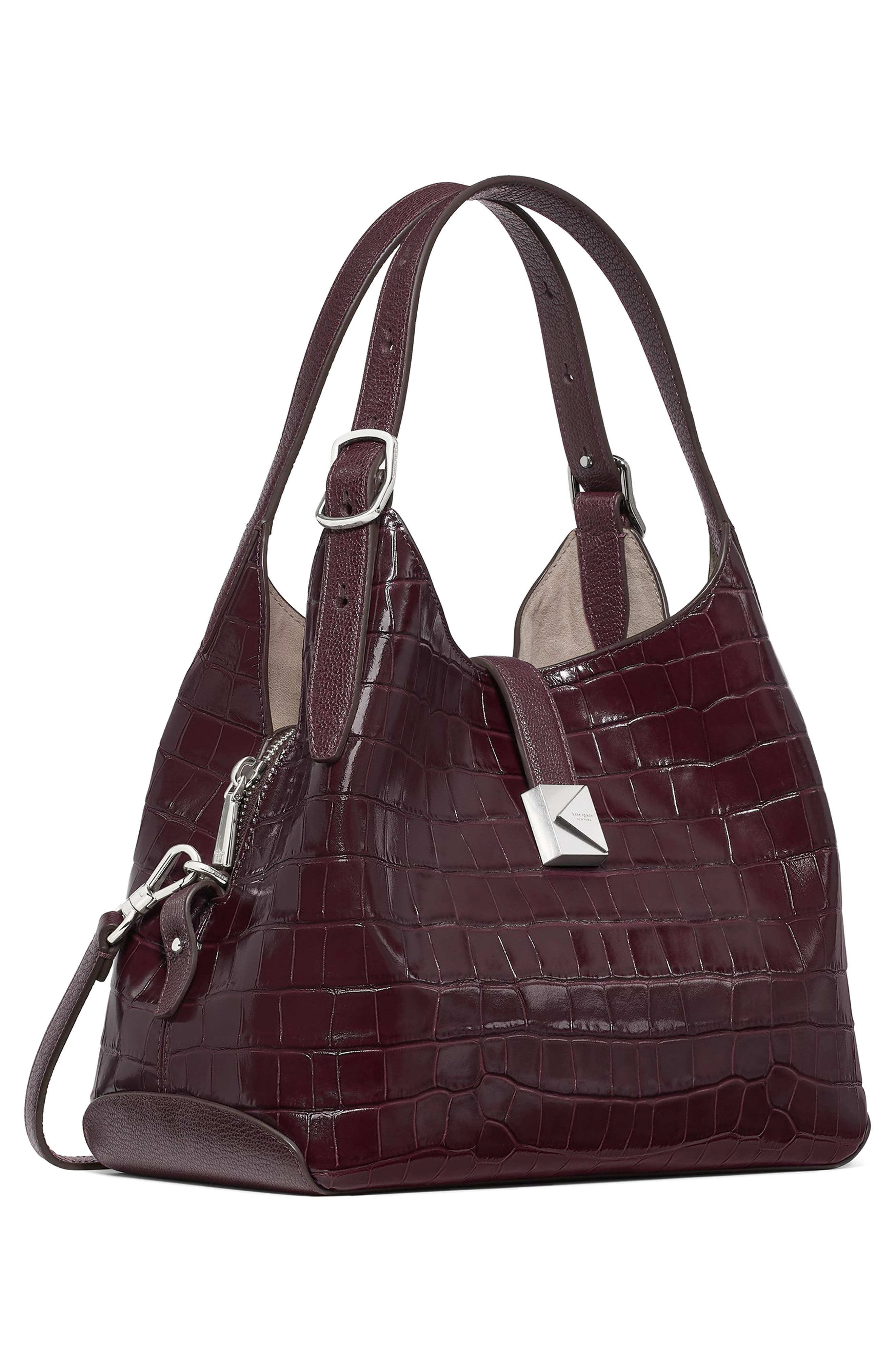 Deco Croc Embossed Leather Hobo Bag, Alternate, color, BLACKBERRY JAM