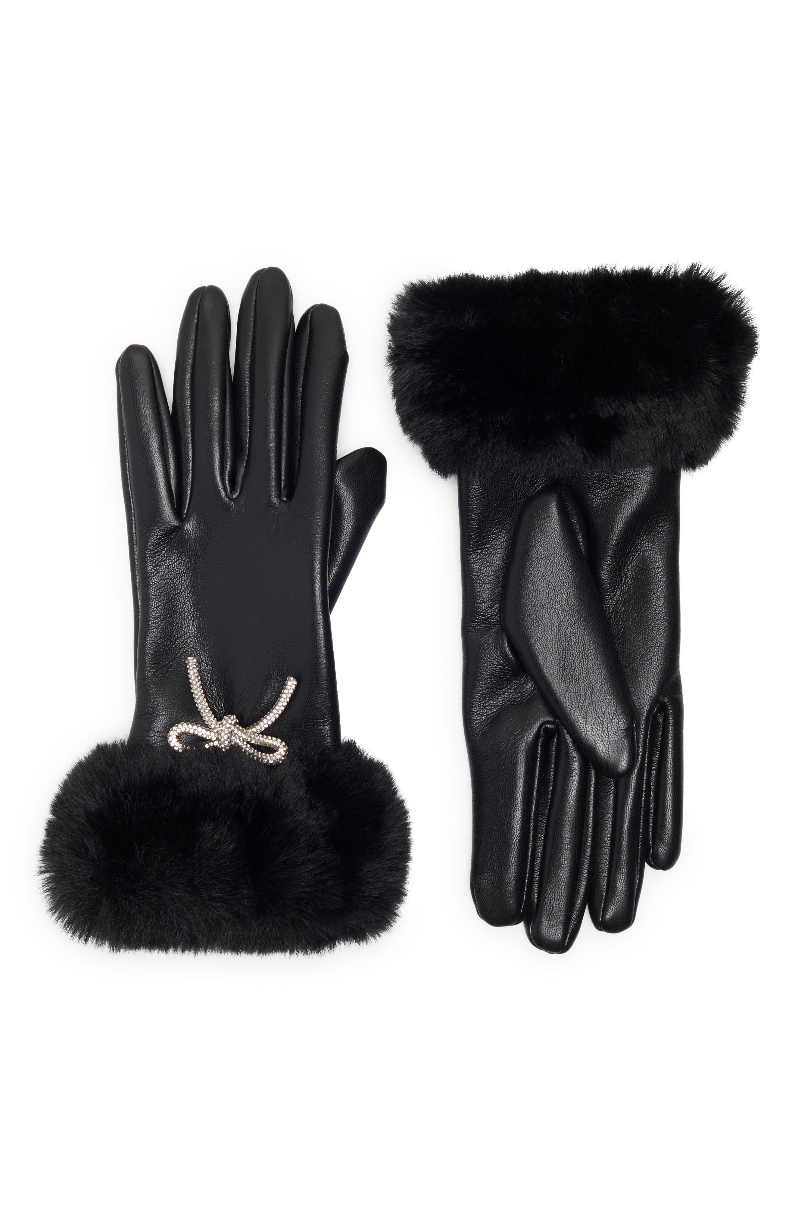 Vince Camuto Faux Fur Trim Bow Embellished Faux Leather Gloves