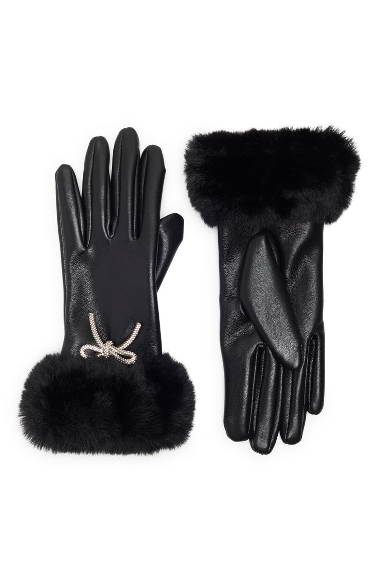 Vince Camuto Faux Fur Trim Bow Embellished Faux Leather Gloves, Main, color, Black