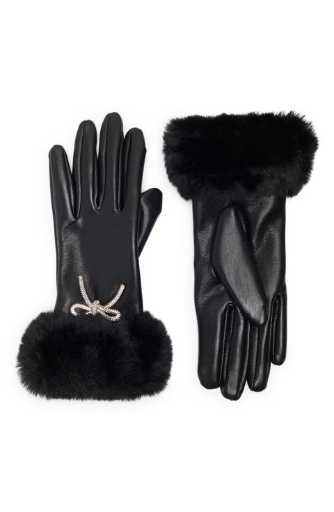 Faux Fur Trim Bow Embellished Faux Leather Gloves