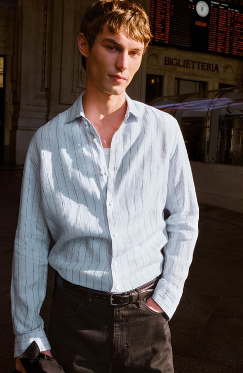 Mango Regular Fit Stripe Linen & Cotton Button-up Shirt In Sky Blue