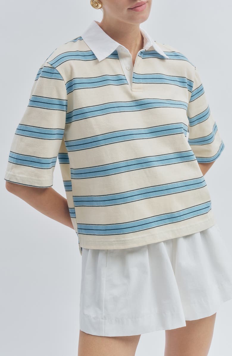 MAUDE CLUB Frankie Stripe Stretch Cotton Polo, Alternate, color, White Light Blue Stripe