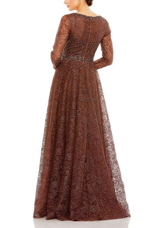 Mac Duggal Floral Embellished Illusion Long Sleeve A-line Gown In Chocolate