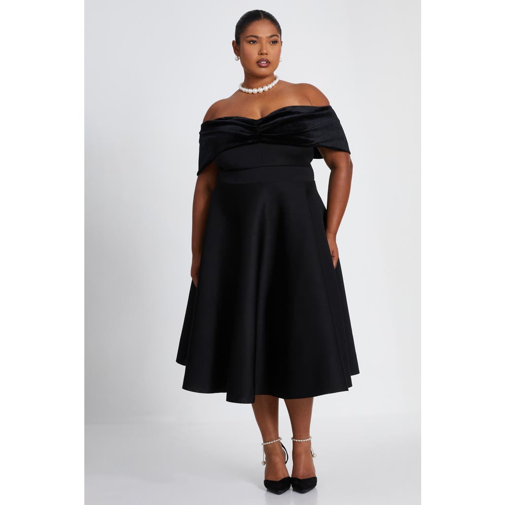 QUIZ QUIZ PLUS SIZE VELVET SCUBA KNIT BARDOT SKATER DRESS