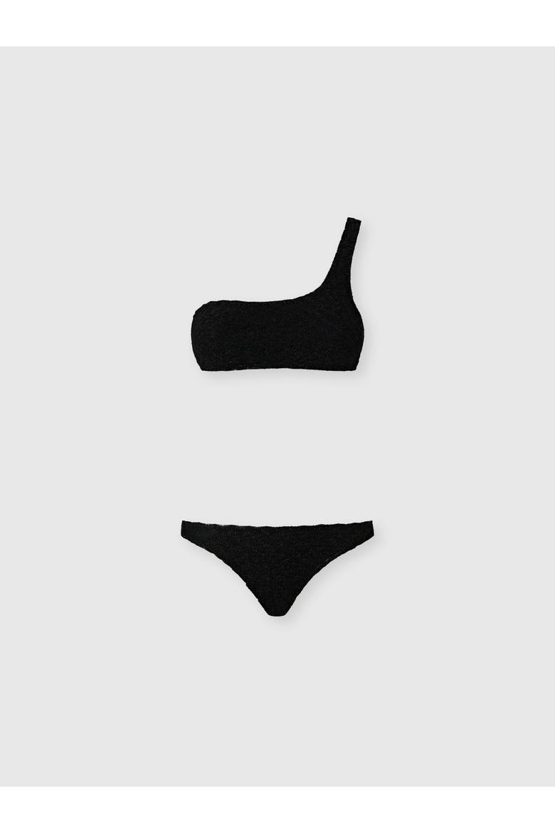 One-shoulder Bikini In Lamé Viscose With Raschel Workmanship, Main, color, Black