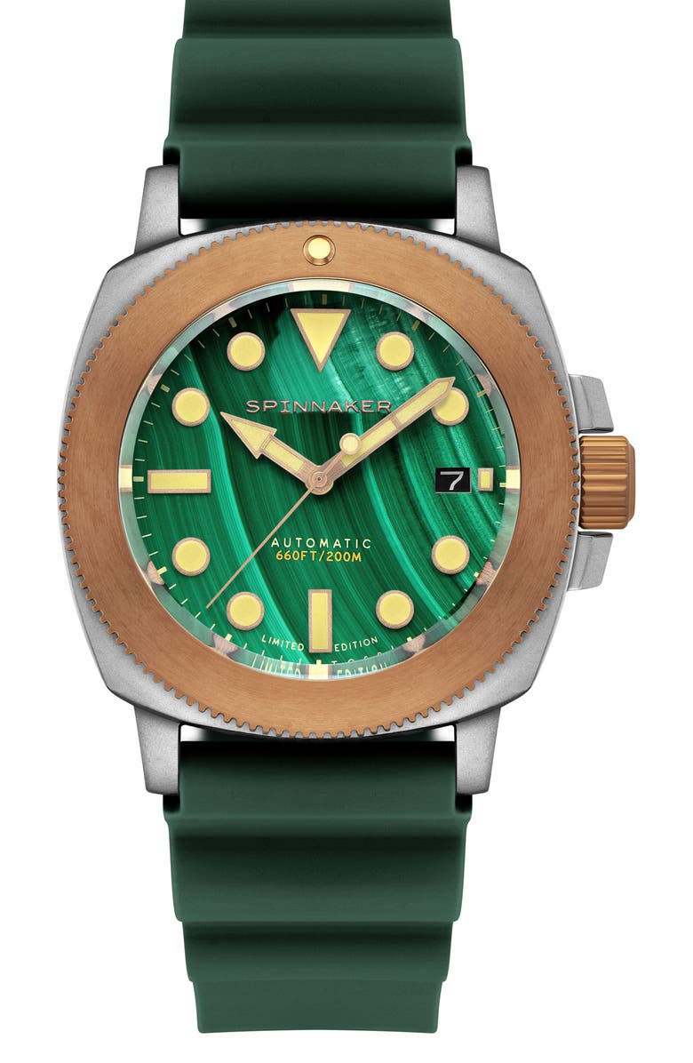 SPINNAKER Hull Titanium Bronze Automatic Lapidary Malachite Silicone Strap Watch, 42mm, Main, color, 