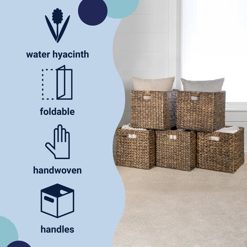 Happimess Bryce Classic Farmhouse Handwoven Hyacinth Collapsible Storage Cube Baskets With Handles, In Brown