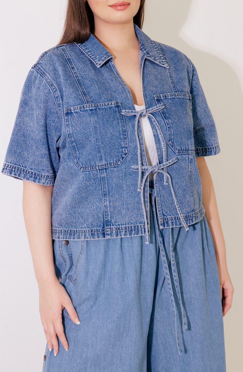 FLYING TOMATO Tie Front Short Sleeve Washed Denim Top, Alternate, color,