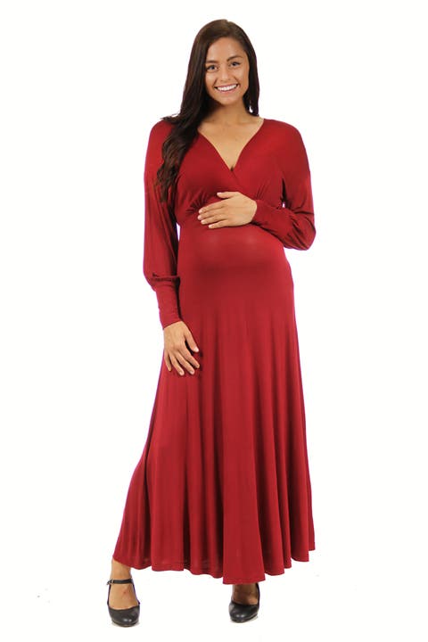 V-neck Long Sleeve Maternity Maxi Dress