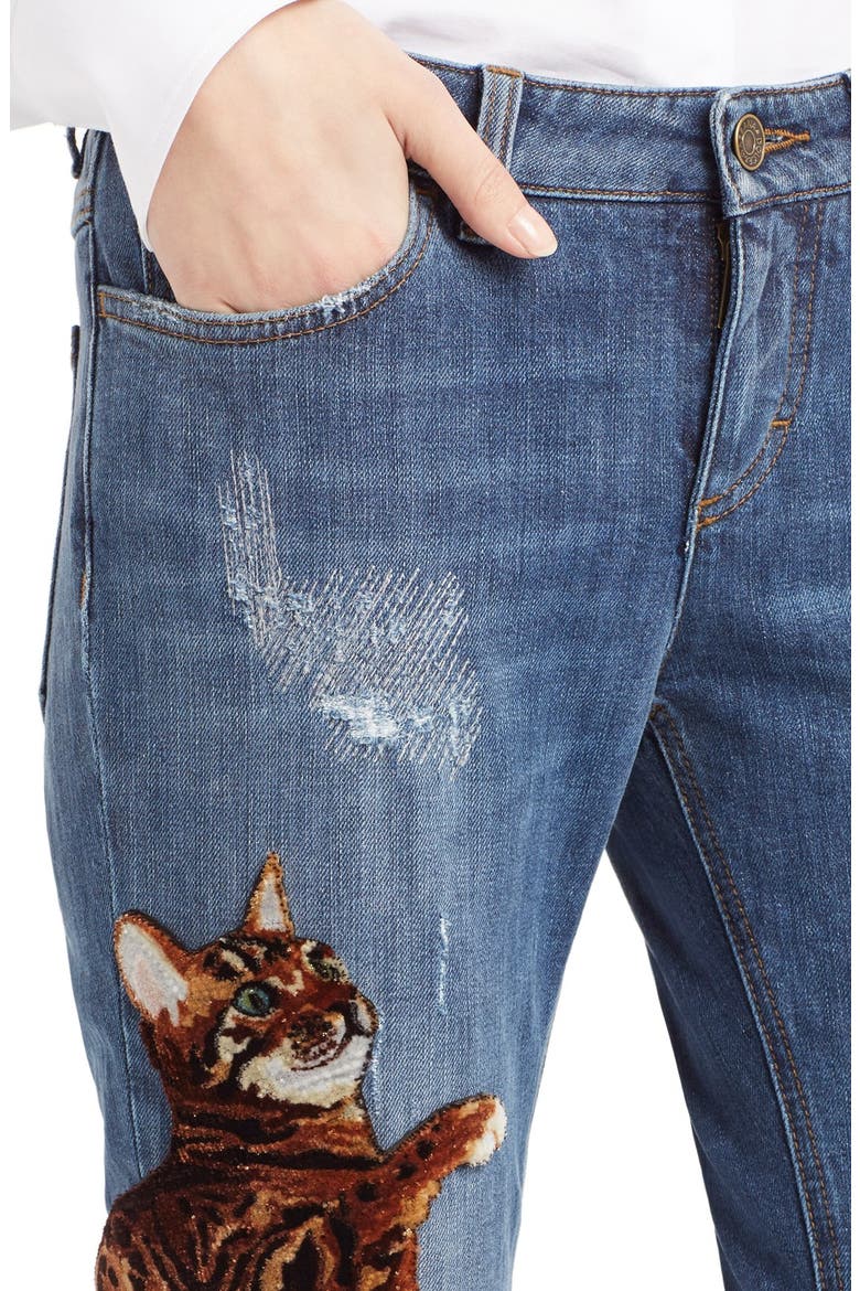 Cat Embellished Skinny Jeans, Alternate, color, DENIM BLUE