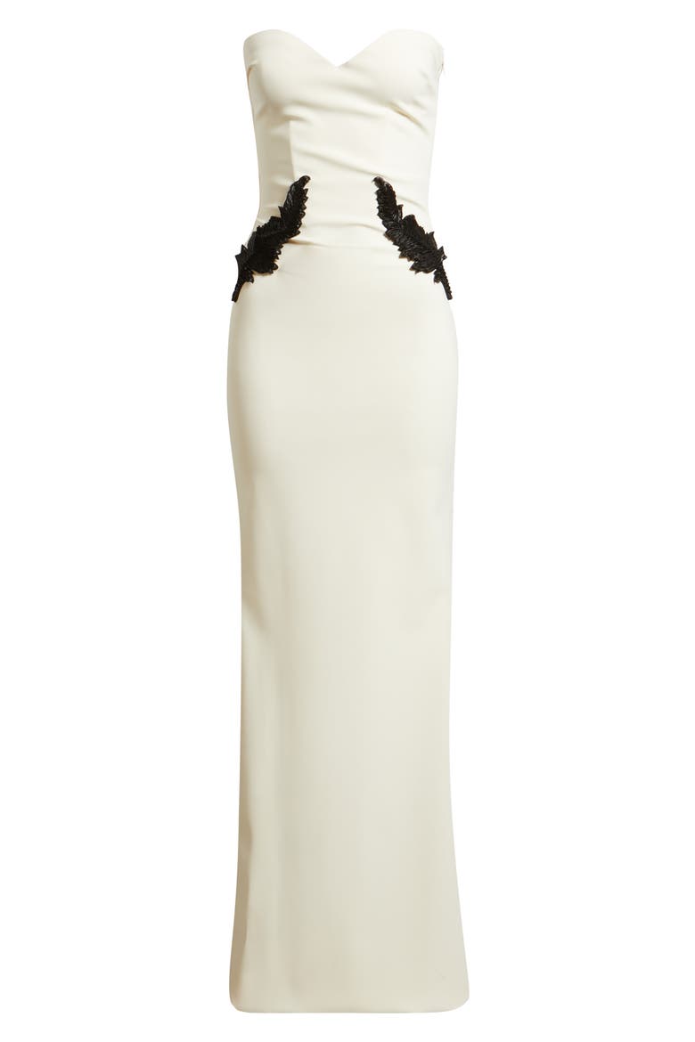 Ordana Feather Detail Strapless Satin Gown, Alternate, color, CREAM