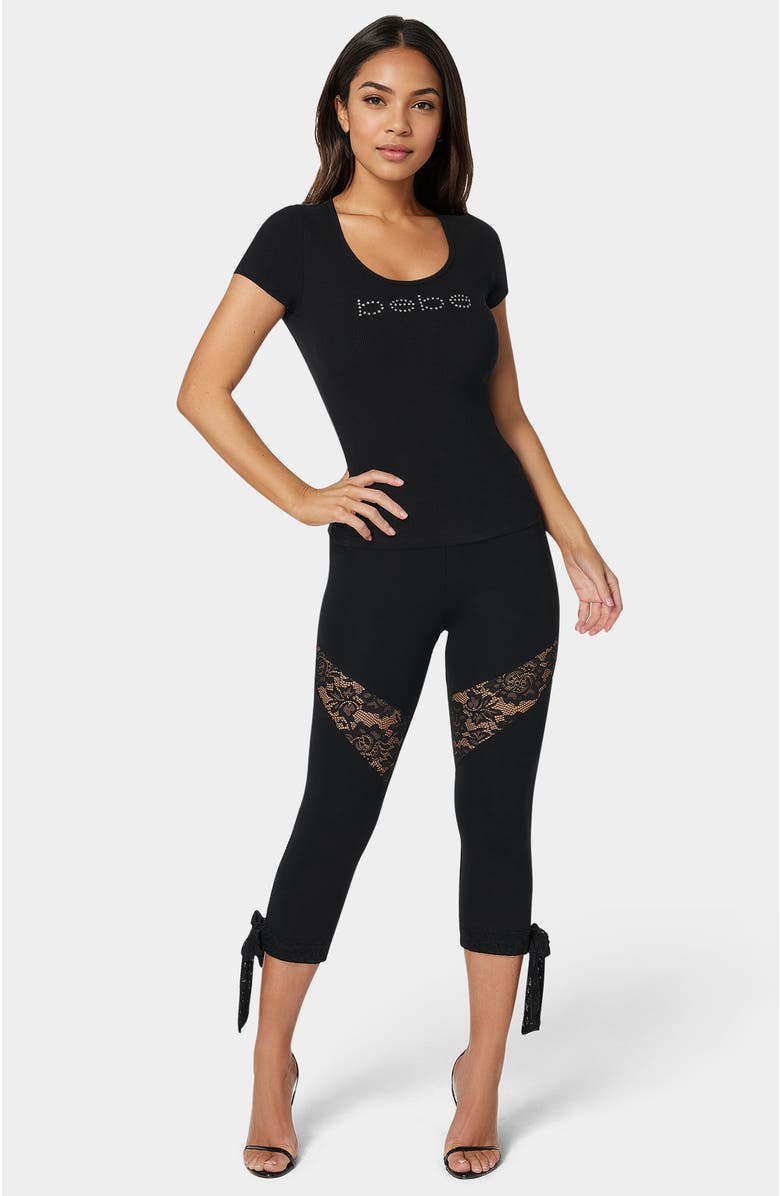bebe Lace Insert Bow Capri Legging, Main, color, Black