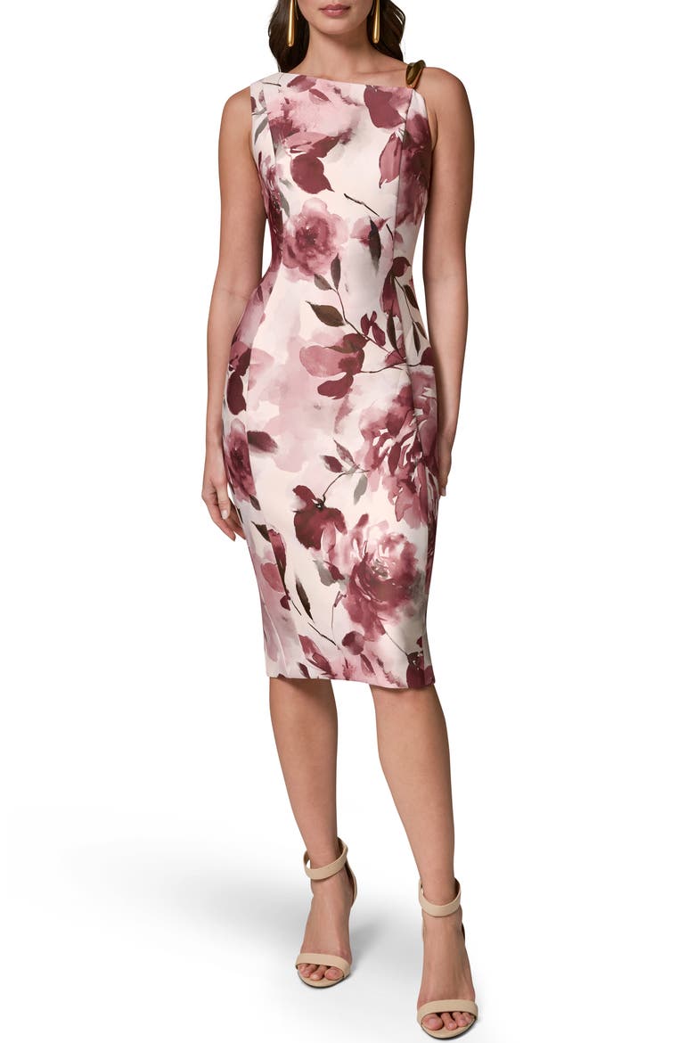 Floral Print Sleeveless Sheath Dress, Main, color, DESERT CLAY