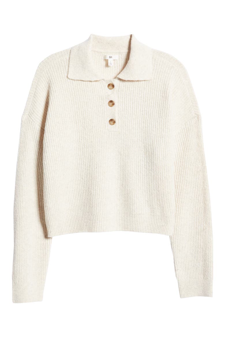 Rib Long Sleeve Polo Sweater, Alternate, color, BEIGE OATMEAL LIGHT HEATHER