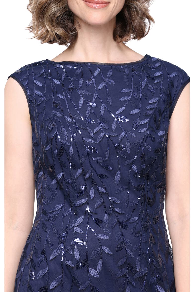 Sequin Leaf Embroidery Cocktail Midi Dress, Alternate, color, NAVY