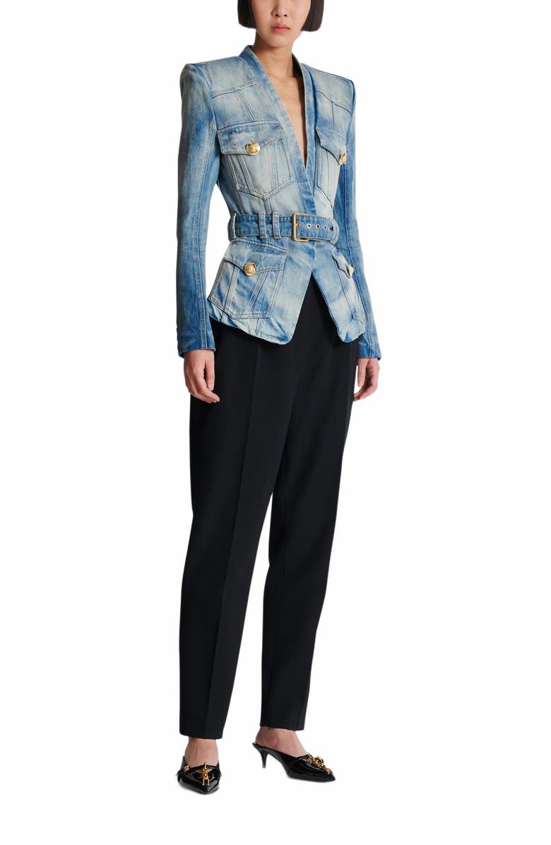 Balmain 1-Button Belted Denim Jacket, Main, color, Blue