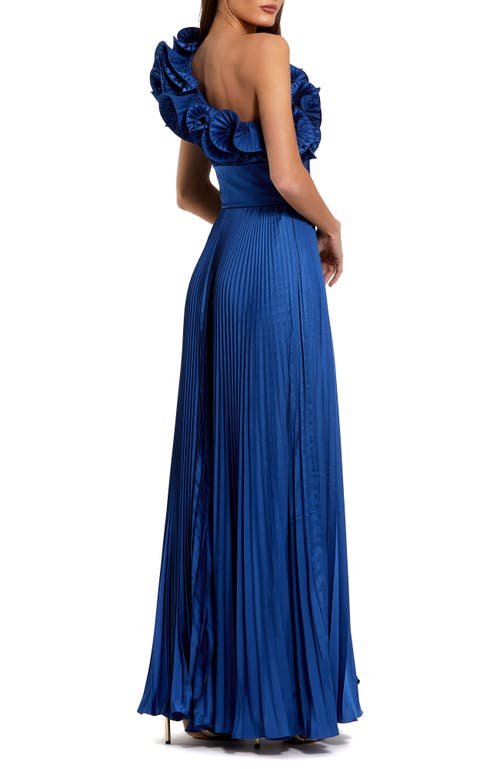 Mac Duggal Pleated Charmeuse One Shoulder Ruffle Gown In Blue